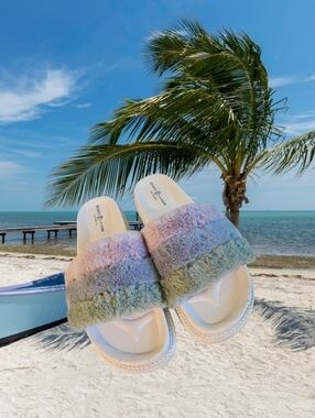 Chinese Laundry Pastel Multi-Striped Faux Fur Slide Sandals